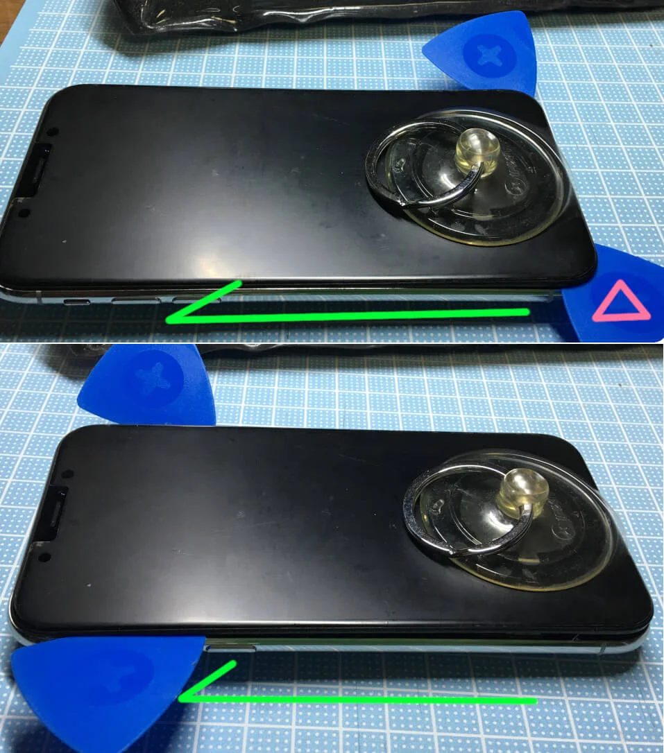 iPhoneⅩの分解ステップ〜三角のヘラで横の隙間をスライド