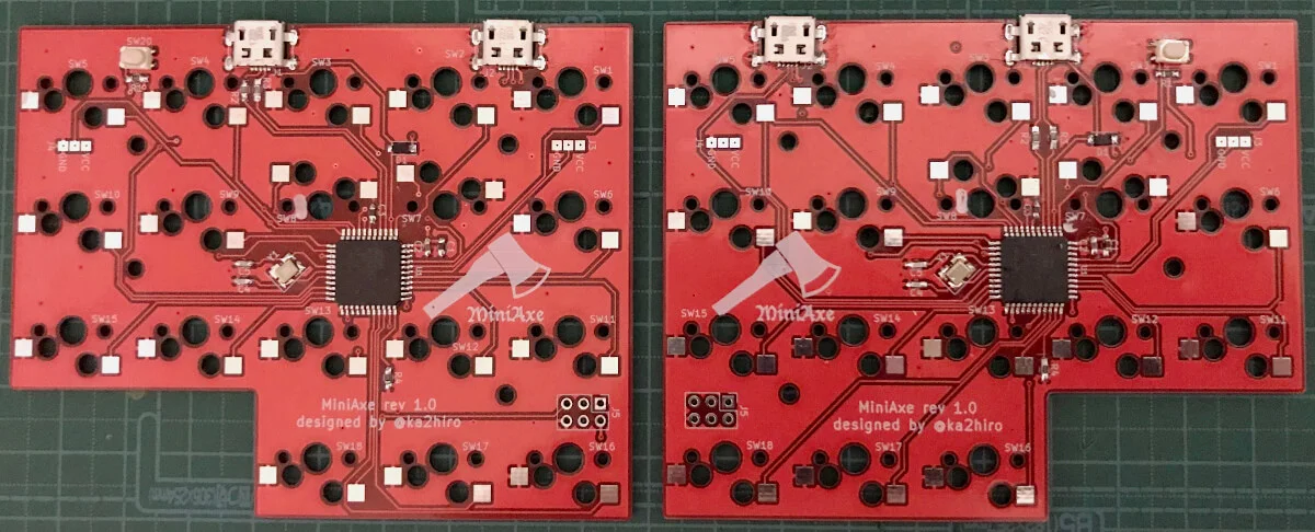 自作キーボードminiaxe製作で、PCB上のパーツのはんだ付けが終わったところ