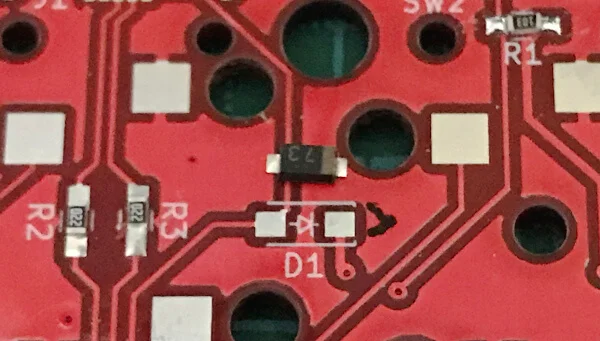 自作キーボードminiaxe製作で、ショットキーダイオードの向きを確認