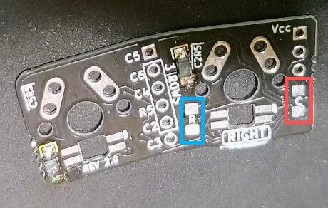 自作キーボード「Charybdis Nano」の組み立て手順〜右手親指のコンデンサと抵抗をはんだ付けする場所