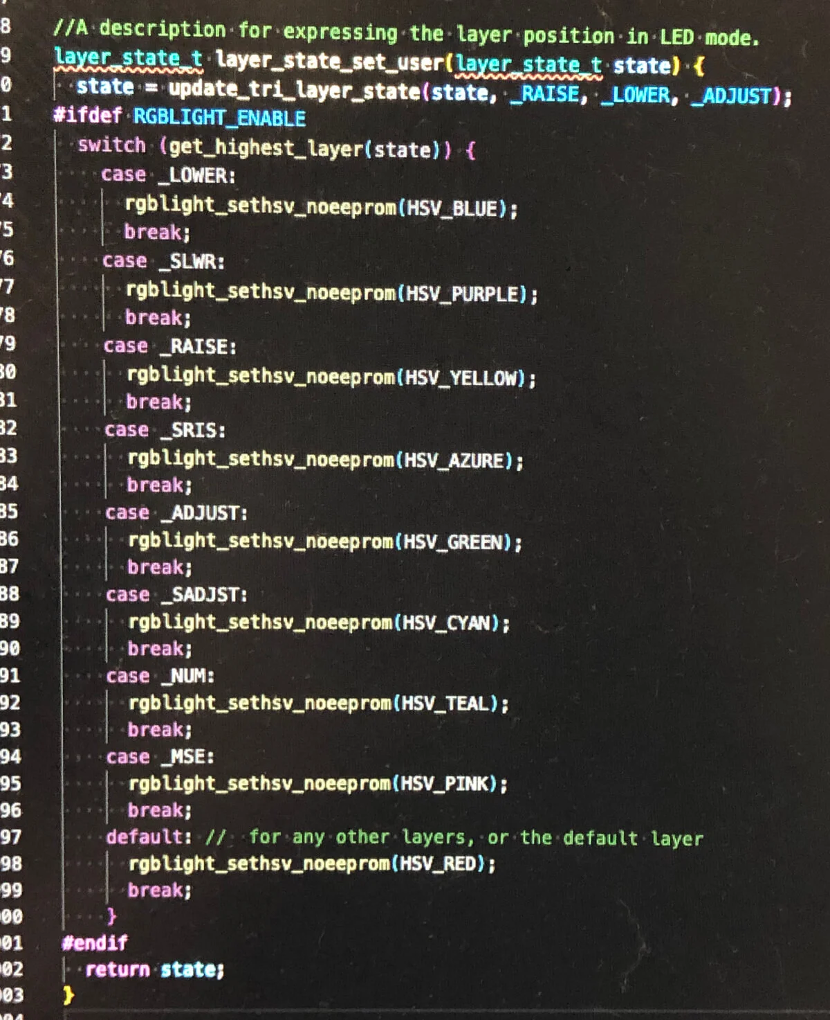 自作キーボード「uzu42」のキーマップでレイヤー変更時にLEDの発光色を変える設定