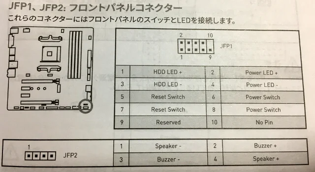 B350M MORTARのフロントパネルコネクタ説明書