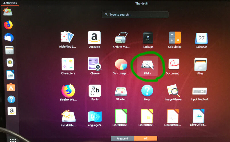 Ubuntuのアイコンから「Disks」を選択すると、パソコンの中身を確認