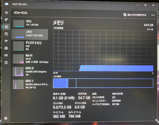 メモリの確認〜GIGABYTE AI ゲーミング ノートパソコン AORUS 16Xのメモリを換装して32GB→64GBに増設